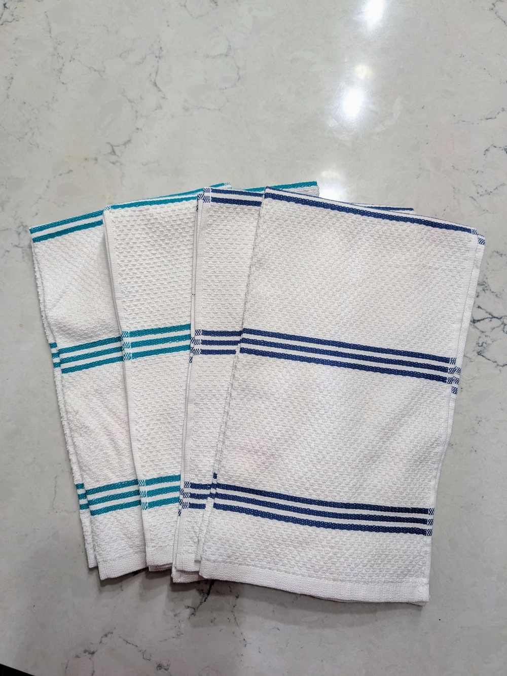 Classic White Waffle Weave Kitchen Towels with Blue and Teal Stripes